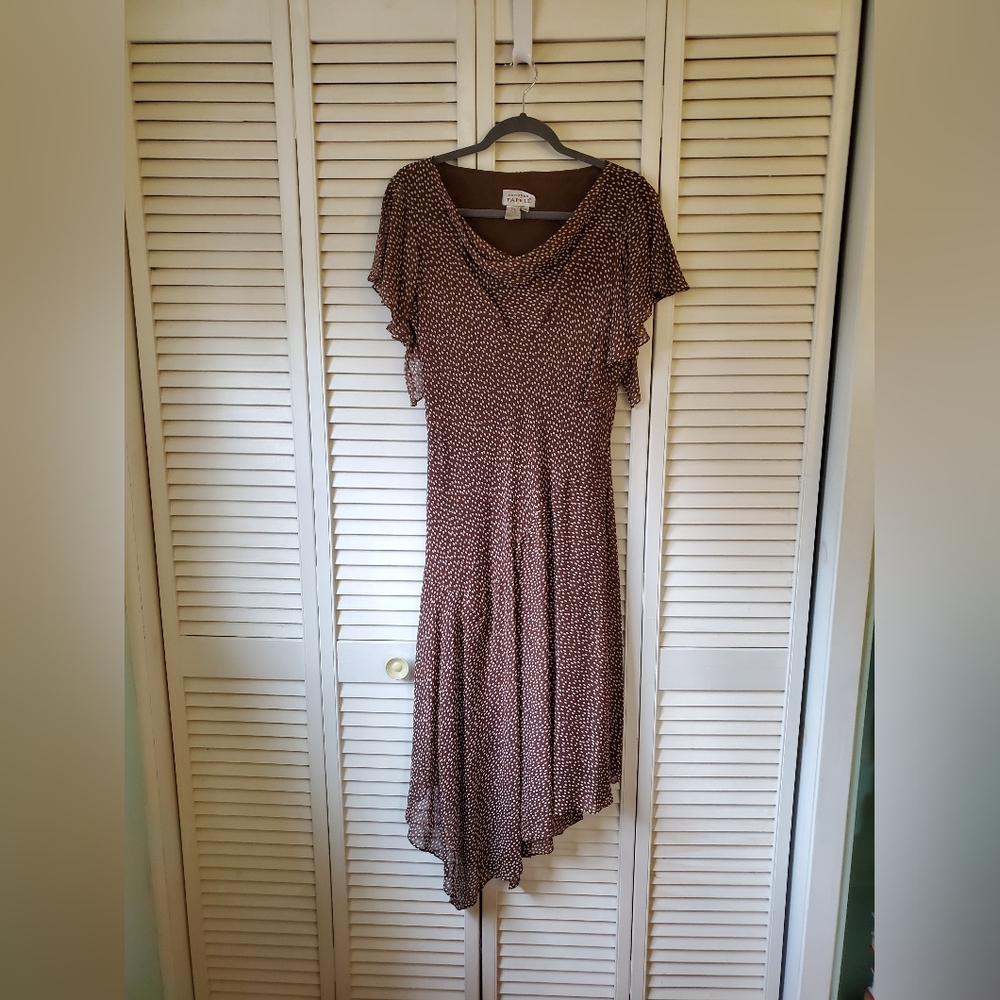 Adrianna Papell Vintage Asymmetrical Brown Polka Dot Silk Midi Dress Y2K Size 12